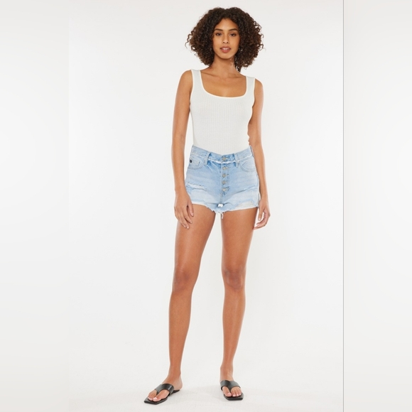 KanCan Button Fly High Rise Distressed Frayed Torn Denim Cut-Off Jean Shorts - Picture 6 of 13